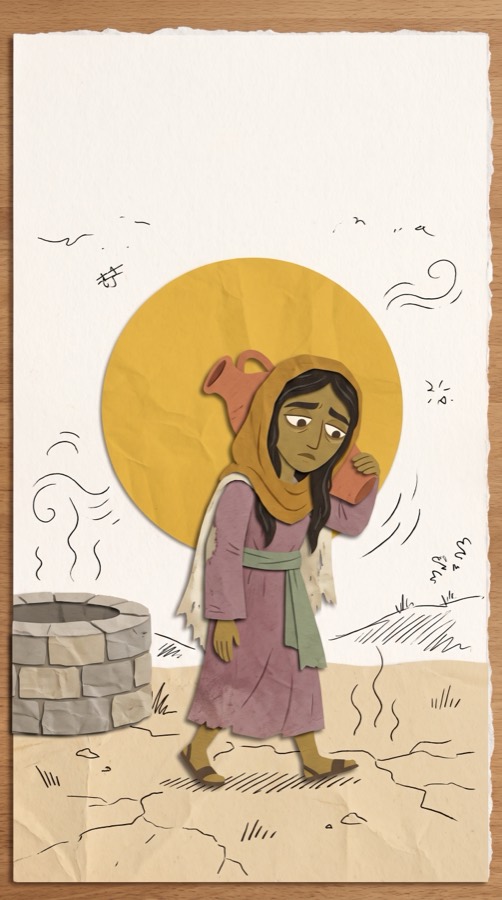 The Woman at the Well, paper collage scene