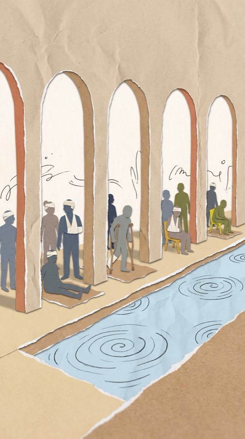 The Pool of Bethesda, paper collage scene
