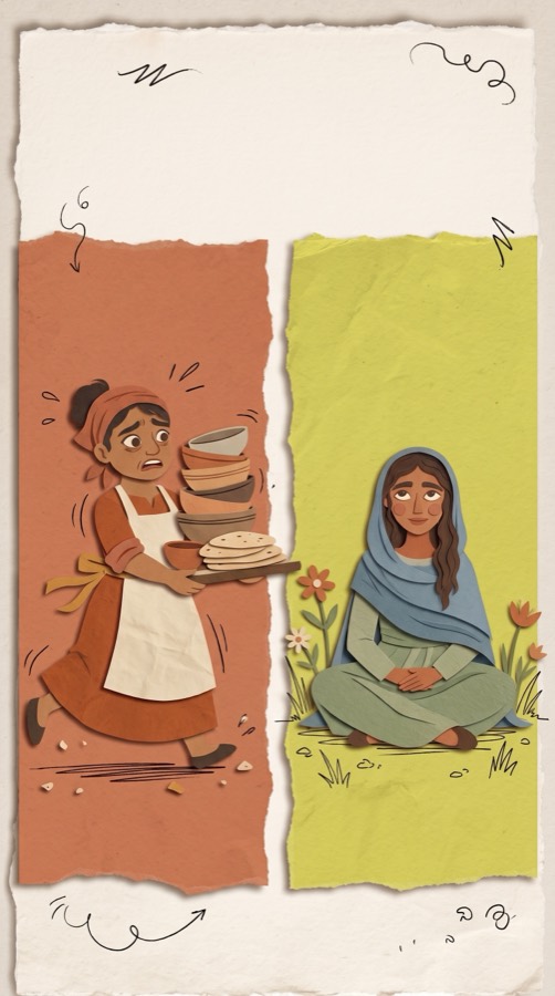 Mary and Martha, paper collage scene