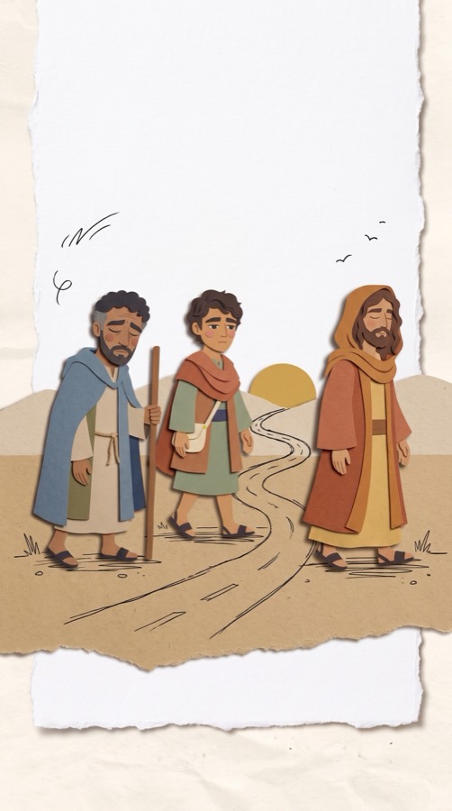 The Road to Emmaus, paper collage scene