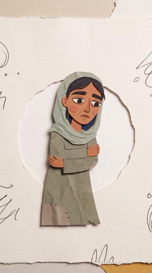 Touch His Clothes, paper collage scene