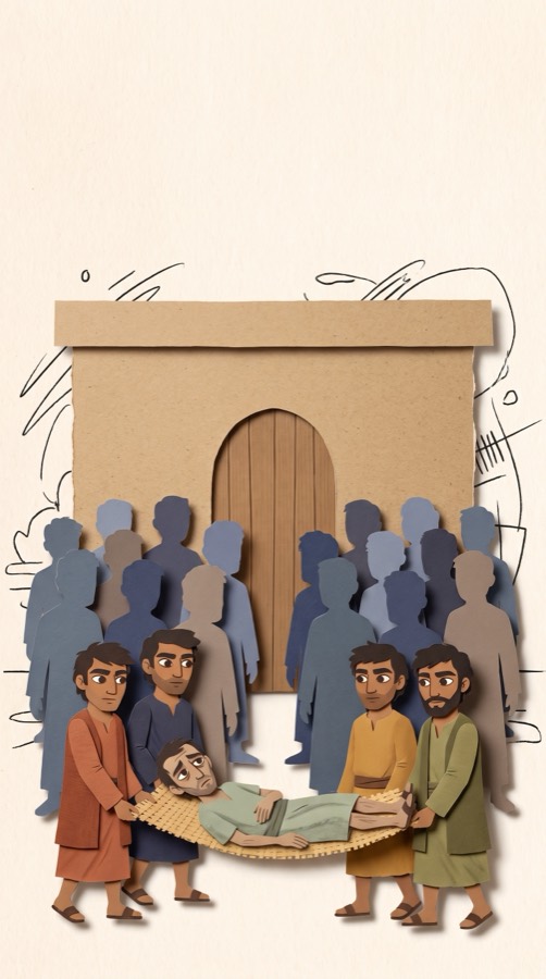 An Opening in the Roof, paper collage scene